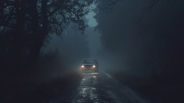 The image is a dark and foggy road at night. A car is driving down the road with its headlights on.