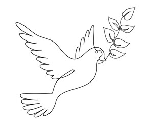 Flying Dove Bird with Branch. One Continuous Line Drawing. Simple Linear Pigeon Symbol of Peace and Freedom. Vector Illustration. Hand Drawn Doodle Monoline