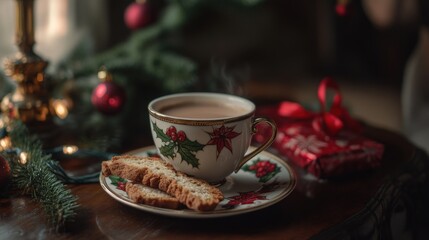Fototapeta premium A warm cup of tea and cookies on a table setting