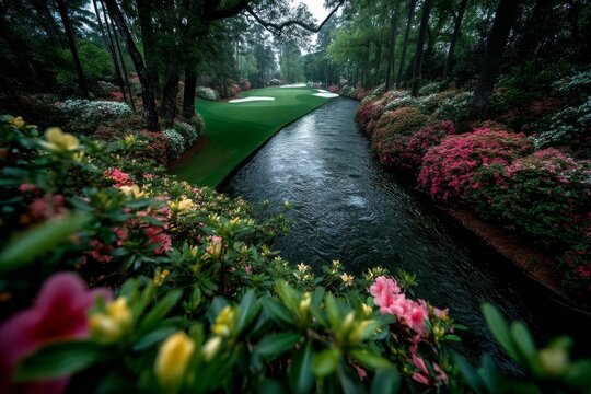 Overhead View of the 12th Hole at Augusta National Surrounded by Vibrant Azaleas and Tranquil Water