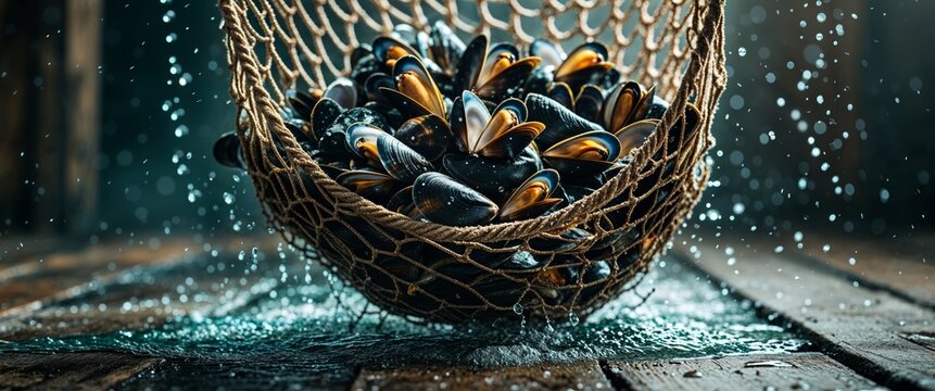 A net full of mussels dripping seawater onto the floor