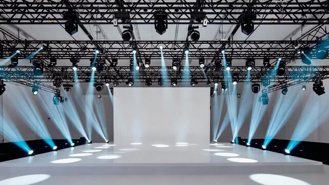 Empty fashion show runway with bright spotlights and white backdrop