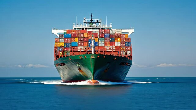 Front view of a large container ship fully loaded with cargo sailing on the ocean