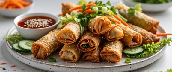 Delicious fried spring rolls served with fresh vegetables and sauce.