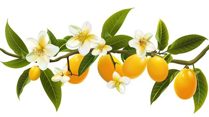 A realistic illustration of fresh mangoes and apricot flowers on the branch, isolated against a white background