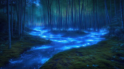 A mystical moonlit stream flows through an enchanted bamboo forest, its waters glowing with ethereal blue light, creating a serene and magical nighttime scene.