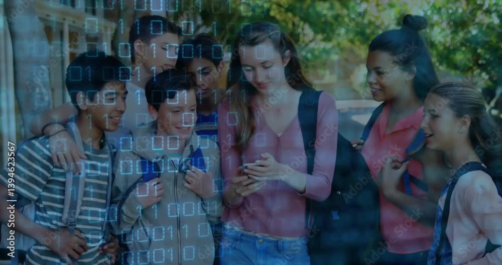 Poster group of students looking at phone with binary code animation overlay