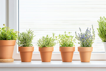 Fototapeta premium Fresh herbs in terracotta pots arranged on windowsill, creating vibrant and inviting atmosphere