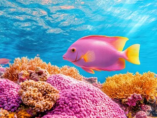 Obraz premium Vibrant Coral Reef Scene Featuring Colorful Fish and Marine Life