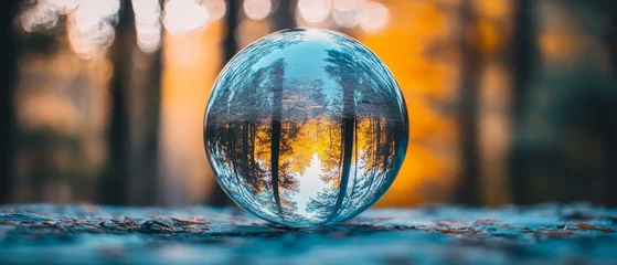 Fototapete A tranquil forest scene reflected through a glass sphere, capturing the enchantment of nature's symmetry and light. © Ai Studio