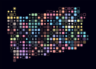 Pennsylvania, shape of the state built of colored cells. Digital style map of Pennsylvania on a dark background. Large size rounded square blocks. Classy vector illustration.