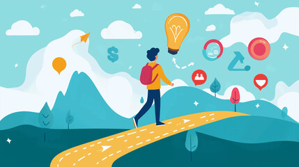 vector illustration of a roadmap with milestone icons launch, growth, success, person walking along it, business journey to goal concept, clean flat corporate design