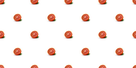 Seamless pattern of freshly cut blood orange halves isolated on white background