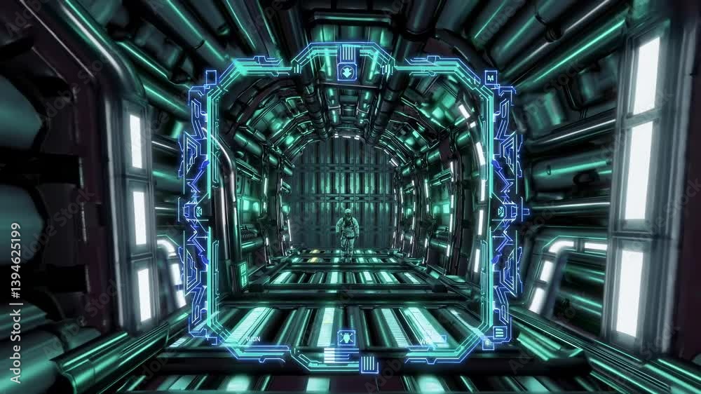 Poster Futuristic sci-fi corridor exploration with advanced technology and glowing surfaces at an unknown location