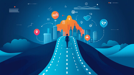 vector illustration of a roadmap with milestone icons launch, growth, success, person walking along it, business journey to goal concept, clean flat corporate design