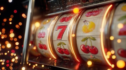 The glowing slot machine reels spin to reveal iconic symbols like cherries, sevens, and bars, set against a lively casino backdrop. Generative AI.