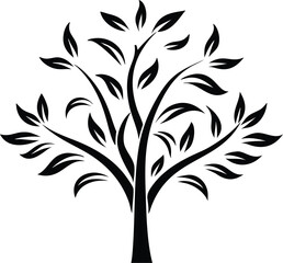 Elegant Black Tree Silhouette Vector with Leaves
