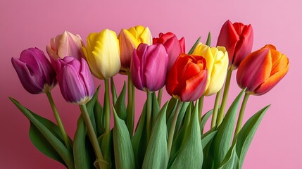 Fototapeta premium Colorful tulips on a pink background with copy space for International Women's Day, Mother's Day