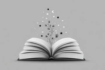Minimalist line art of an open book with stars rising from the pages