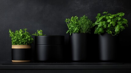 Fresh herbs in modern black containers