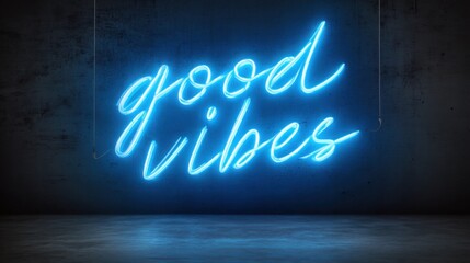 Vibrant blue neon light illuminates a modern minimalist background with a stylized good vibes text in bold cursive script font overhead.neon style coming soon futuric neon.