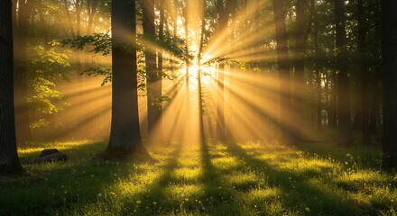 Sunbeams Forest Sunrise  Misty Woods  Golden Hour Nature