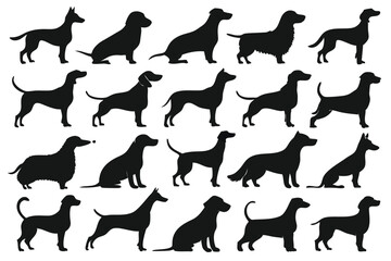 Black Dog Silhouettes Collection &ndash; Vector Icons of Popular Dog Breeds in Various Poses for Logos, Stickers, Cut Files, and Pet Design Projects.