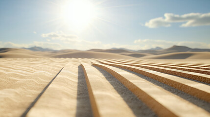 serene desert landscape with gentle sand dunes and sun rays casting long shadows, evoking tranquility and warmth