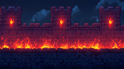 Burning Castle Wall Pixel Art With Flames and Dark Blue Sky in Retro Game Style With Towers Stone Bricks and Fiery Texture