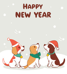 Fototapeta premium Cute Cartoon Dogs Set – Love Themes with Dog Breeds, Winter Outfits, and Festive New Year Decorations for Pet Illustrations and Greeting Cards.