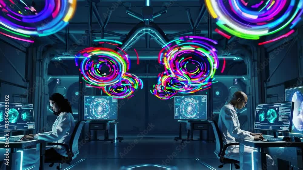 Poster Scientists conduct experiments in a high-tech lab with vibrant data visualizations
