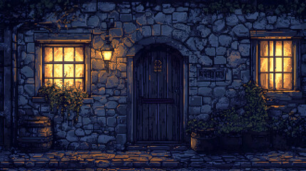 Charming Stone House with Lighted Windows and Wooden Doorway in Pixel Art Style during Night Time