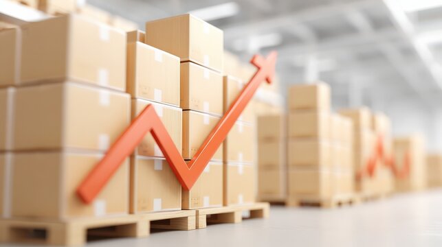 Import Tariffs economy costs concept. Warehouse scene with boxes and an upward trend graph.