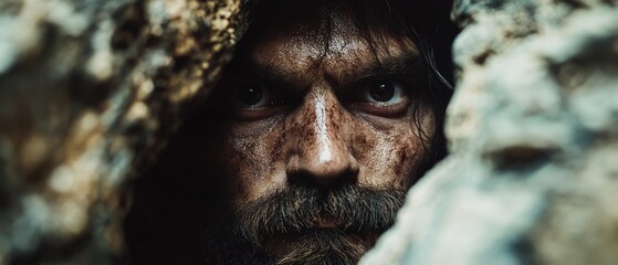 Obraz premium An intense gaze peers through rugged rock, capturing a moment of raw determination, resilience, and survival against nature's elements.