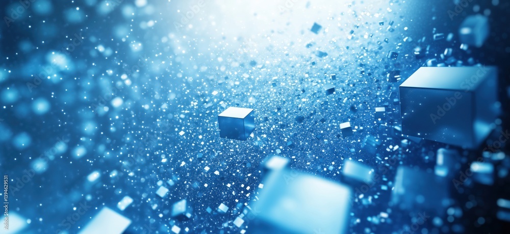 Poster abstract blue background with floating cubes and sparkling particles in 3d space