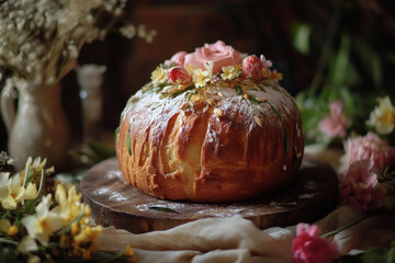 Generative AI image of traditional Easter sweet bread bun pie powdered sugar, surrounded by colorful painted eggs