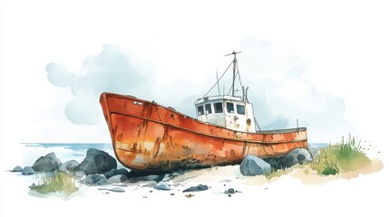 Obraz premium A weathered fishing boat rests on a rocky shore, surrounded by gentle waves and soft clouds, showcasing a tranquil maritime scene.