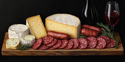 National cheese day with food and melting idea. Charcuterie board with cheese, salami, and wine glass.