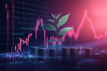 vector-style illustration of a plant growing from coins with stock charts in the background