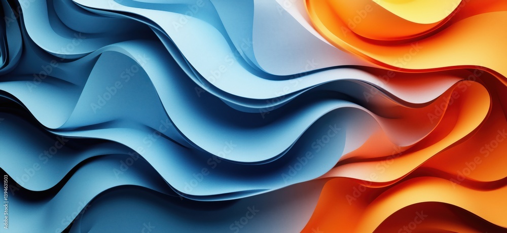 Poster abstract wavy patterns in blue and orange tones creating dynamic visual flow