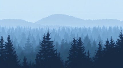 Fototapeta premium Vector silhouette of a dense pine tree line in forest landscape. Minimal black design representing nature, wilderness, tranquility, woodland scenery, evergreen trees and outdoor environment