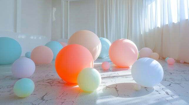 Pastel-colored balls of various sizes fill a white room with sunlight shining through a large window. The balls cast shadows on the marble floor.