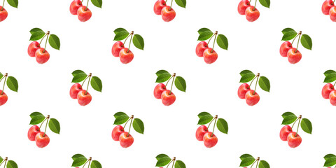 Seamless pattern of fresh red cherries with green leaves isolated on white background