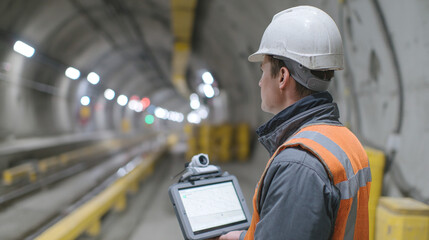 Obraz premium Tunnel Construction Worker with Tablet