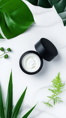 Black jar of face cream with tropical green leaves on white marble background