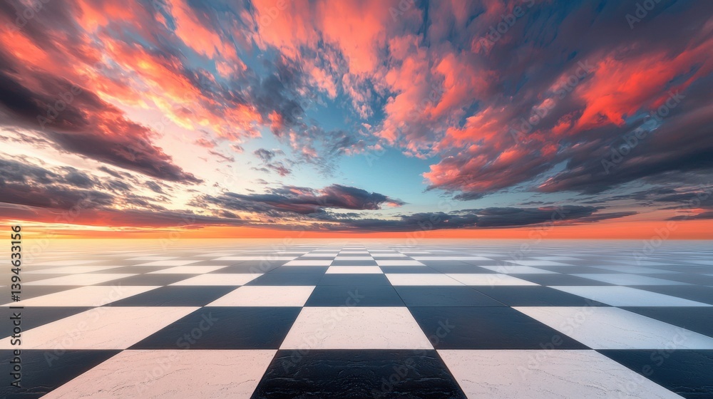 Poster tilted checkered chessboard pattern fading into the horizon, creating a sense of infinite depth and 