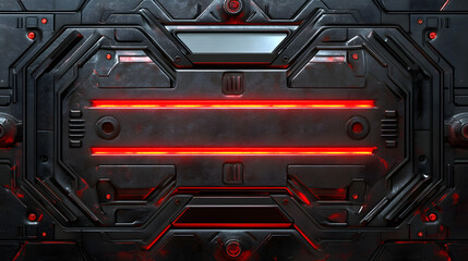 metallic surface with symmetrical paneling and an ominous red glow 