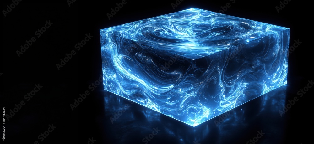 Poster glowing blue abstract cube with swirling patterns and reflections in dark background