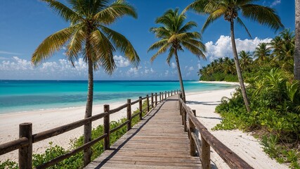 Beautiful Exotic Beach with Palm Trees and Wooden Walkway