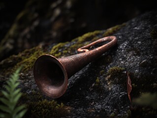 Antique horn on mossy rock